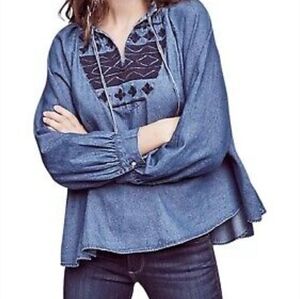 NWT Anthropologie Chambray Embroidered Swing Tassel Top Medium